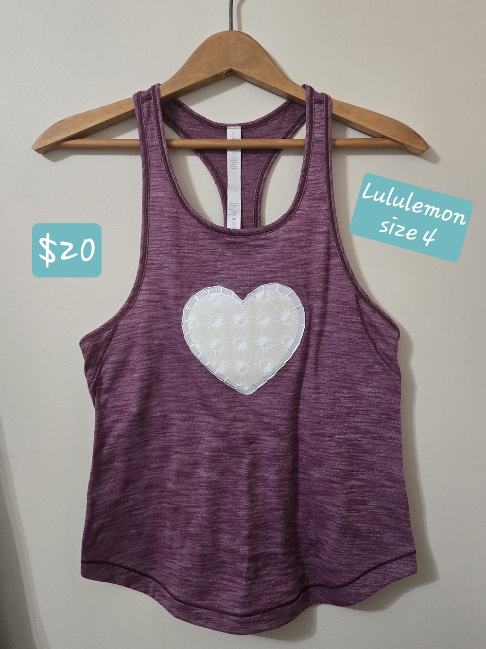 lululemon athletica‎ Plum Racerback Tank with White Heart Patchwork Appliqué